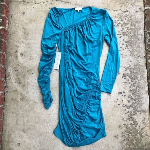 Ronny Kobo Mini Dress Ruched Asymmetrical Trista Turquoise Blue NWT M - Picture 2 of 8